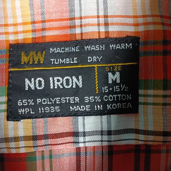Vintage MW Shirt Mens Medium Plaid Button Up Long Sleeve No Iron 70s - Picture 3 of 9